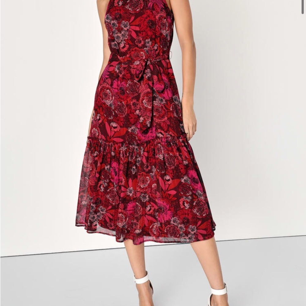 Lulu's Red and Pink Floral Midi Dress